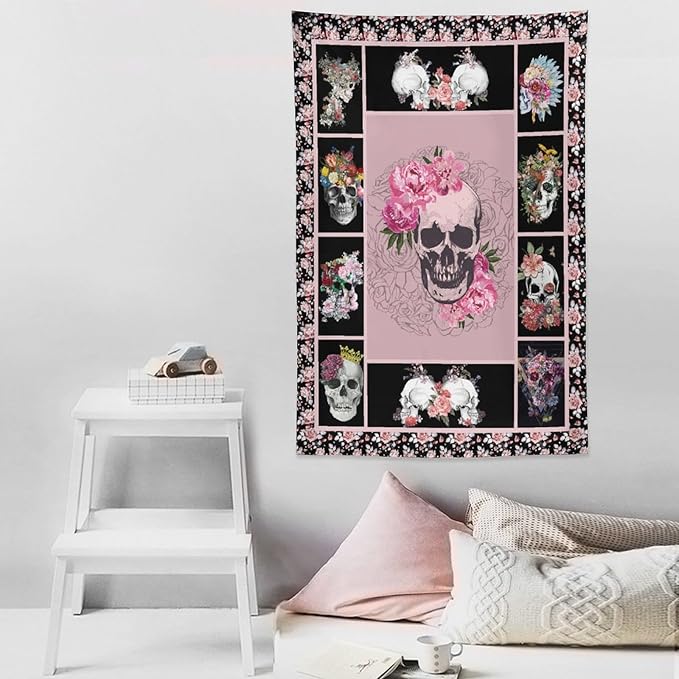yowecso Sugar Skull Tapestry Horror Skeleton Tapestry Wall Hanging for Bedroom Rose Skull Tapestries Aesthetic Wall Decor for Home Dorm Living Room 40"x60"-Ruum Studio Home