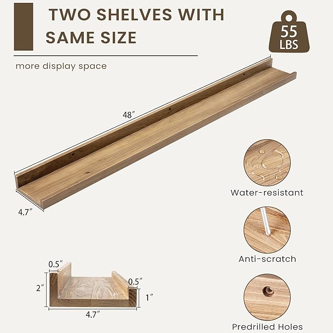 Floating Shelves for Wall, Picture Ledge Shelf 48 Inch Solid Wood Set of 2, Rustic Wall Shelves with Lip, Kids Bookshelf, Photo & Picture Live Edge Floating Shelves for Bedroom, Living Room, Kitchen-Ruum Studio Home