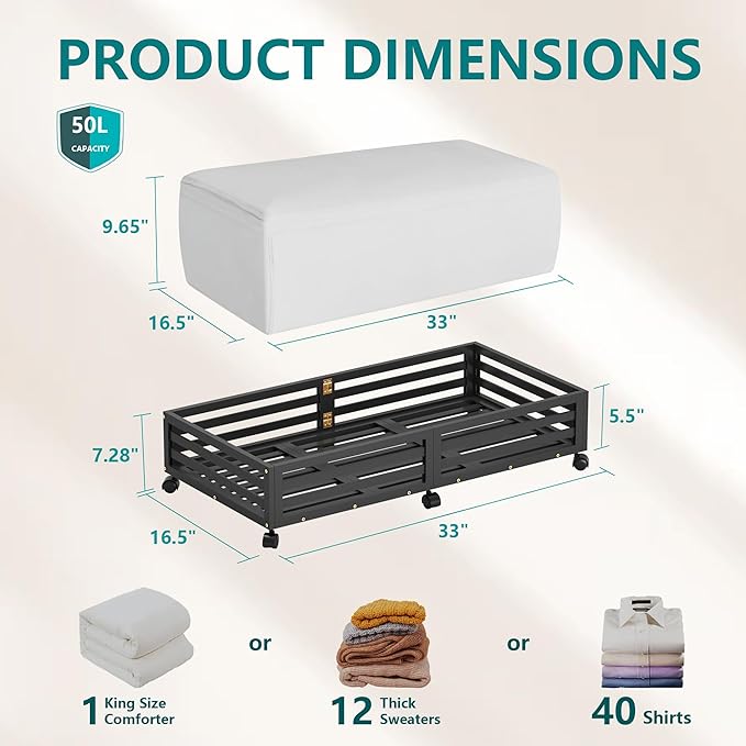 Bamboo Under Bed Storage Containers- Underbed Organizer with Wheels with Large Dust Bag,Sturdy Wood Rolling Under the Bed Shoe Storage Organizer Drawer 2 Packs (Black, Long)-Ruum Studio Home