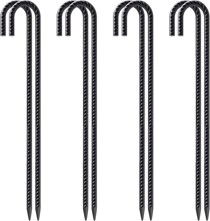VVOKGO Rebar Stakes 24 Inch J Hook Heavy Duty Ground Anchors (8pcs), 3/8 Inch Diameter Metal Steel Extra Long Fence Stakes with Chisel Point End for Greenhouse, Gazebo, Carport, Camping Tents, Black-Ruum Studio Home