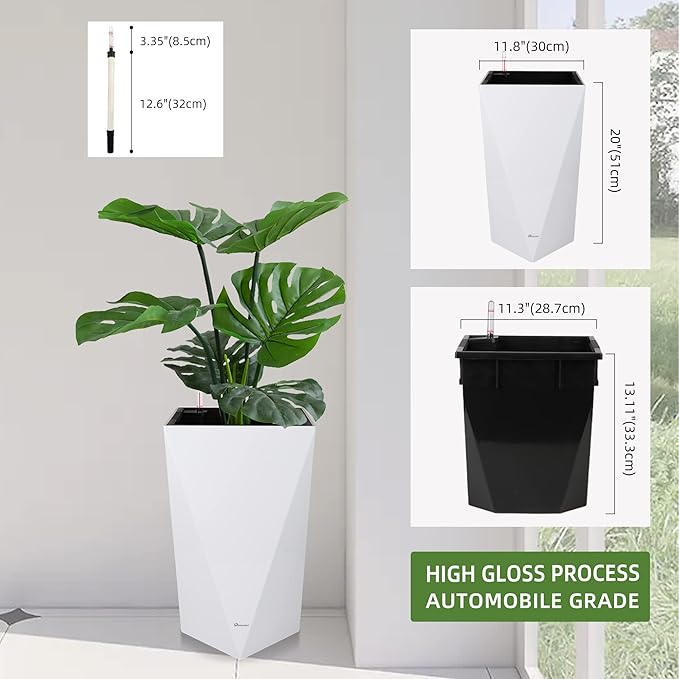 Dexceder 20 Inches Tall Self Watering Planter Diamond High Gloss Indoor Outdoor, Thickened Rhombus Large Floor Standing Flower Plant Pot with Water Level Indicator (White)-Ruum Studio Home