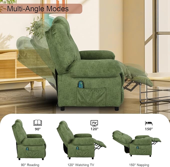 KCREAM Green Massage Recliner Chair, Small Recliners for Small Spaces, Overstuffed Recliners Living Room Chairs for Adults Fabric Manual Recliner Chairs with Heating Single Sofa Chair-Ruum Studio Home