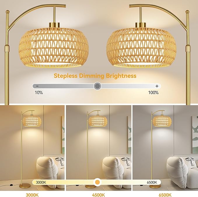 Gold Floor Lamps for Living Room Rattan Boho Floor Lamp with Remote Control,Dimmable Arc Floor Lamp Wicker LampShades Brass Standing Lamp with 3 Color Temperature Tall Floor Lamps For Bedroom Corner-Ruum Studio Home