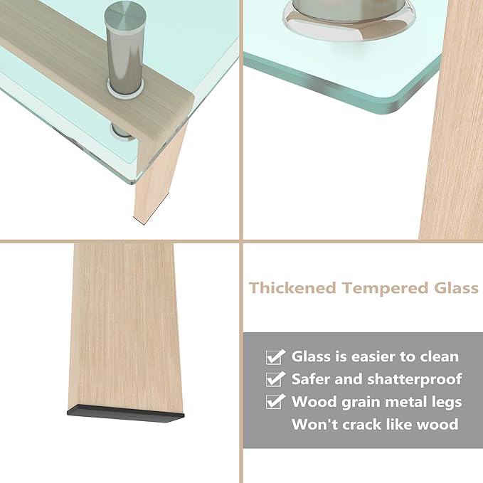 Glass Coffee Table Rectangle Living Room Center Table, 39inch Transparent Tempered Glass Tabletop and Beige Wood Grain Metal Legs, Beige + Clear Glass-Ruum Studio Home