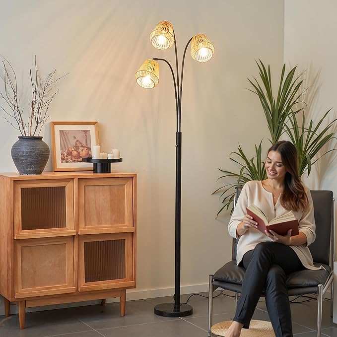 Rattan Floor Lamp for Living Room, 72 Inch Tall Boho Floor Lamp with Rotary Switch, 3 Light Arc lamp with Wicker Shade for Coastal,Bohemian,Rustic,Beach Tree,Farmhouse Standing Lamp-Ruum Studio Home