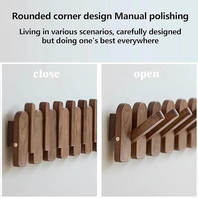 Wall Mounted Piano Key Hanger | Flip Style Hook | Entrance Wall Art Hook, Made of Oak Wood (3 Times Painted, 4 Times Polished) (Arc Walnut-Beech, 6Hooks)-Ruum Studio Home