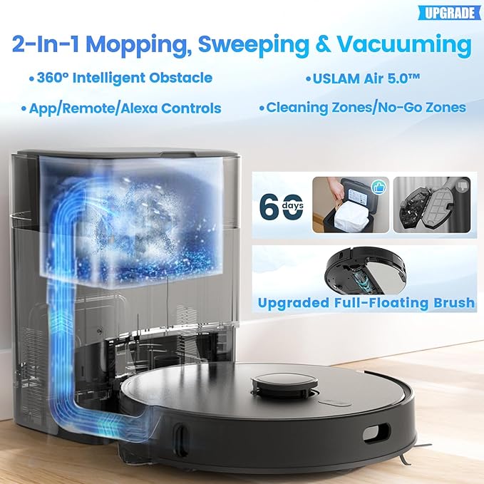 Robot Vacuum and Mop Combo, Self-Emptying, 60-Day Capacity, Schedule, 180mins Runtime, Home Mapping, Wi-Fi/App/Alexa/Remote, Robotic Vacuum Cleaner for Pet, Hard Floors, Carpet-Ruum Studio Home