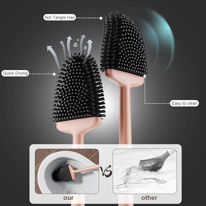 Sellemer Toilet Brush and Holder Set - Flexible Toilet Bowl Brush Head with Silicone Bristles, Compact Size for Storage and Organization, Ventilation Slots Base (1 Pack, Rose Gold)-Ruum Studio Home