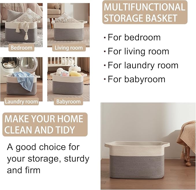 OIAHOMY 65L Blanket Basket, Cotton Rope Woven Blanket storage for Living Room, Rectangle Woven Baskets for Storage, 20''×16''×12'', Grey and White-Ruum Studio Home
