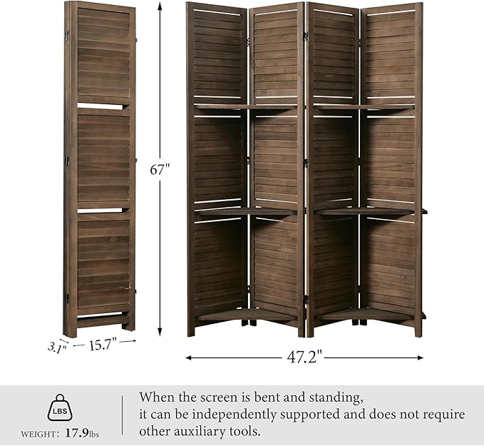 Partition Room Dividers, 67 * 51inch Folding Wood Privacy Screen with Three Display Shelves Suitable for Home Office, Study, Art Display - 4 Panel (Brown)-Ruum Studio Home