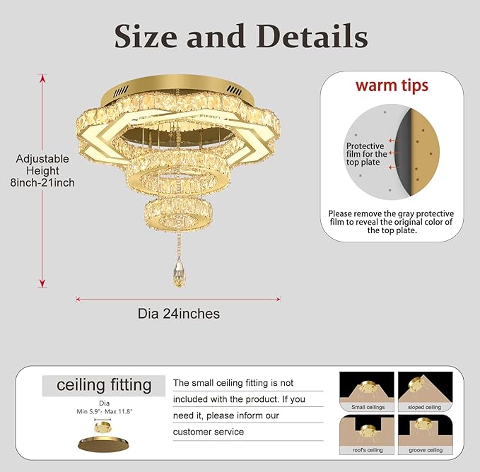 Flashing God Modern Crystal Chandeliers Dia 24" Gold Chandelier Flush Mount Ceiling Light for Bedroom Living Room Dining Room Hallway Dimmable 3 Rings LED Celing Lighting Fixtures-Ruum Studio Home