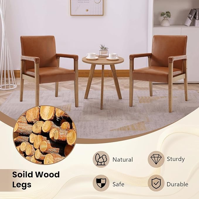 Kmax Modern Dining Chairs Set of 2 Faux Leather Kitchen Arm Chairs Upholstered Accent Chairs with Wooden Legs for Dining Room, Living Room, Bedroom, Brown-Ruum Studio Home