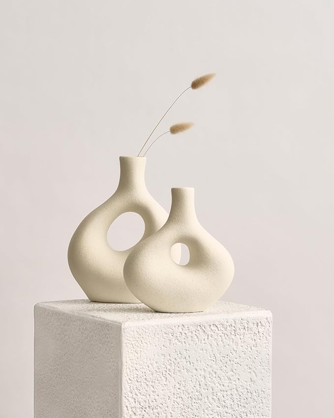 NOBULA White Ceramic Donut Vases – Modern Home Decor for Living Room, Bedroom & Table Centerpiece - Minimalist Nordic – Unique Vases for Olive Plant & Flowers – Decorative Coffee Table Vase Set of 2-Ruum Studio Home