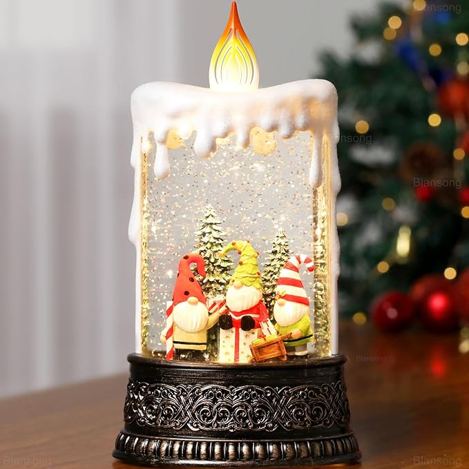 Gnome Snow Globe Candle Christmas Decorations Gifts Auto Snowfall Glitter Music Collection with 6H Timer USB/Battery Powered 9.7 inch-Ruum Studio Home