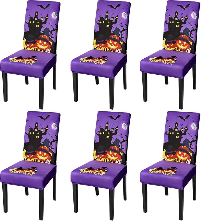 JQinHome Purple Halloween Chair Slipcover, Castle Chair Covers Set of 6, High Stretch Washable Chair Protector Cover for Dining Room, Kitchen,Home Party,Wedding Ceremony(Purple,6PC)-Ruum Studio Home