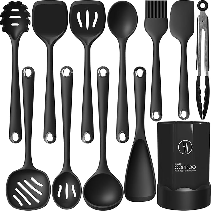 Thickened Silicone Kitchen Utensils Set, 600°F Heat Resistant Silicone Cooking Utensils, Spatula, Spoon, Whisk, Tongs, Kitchen Gadgets Sets for Nonstick Cookware, Dishwasher Safe BPA Free (Black)-Ruum Studio Home