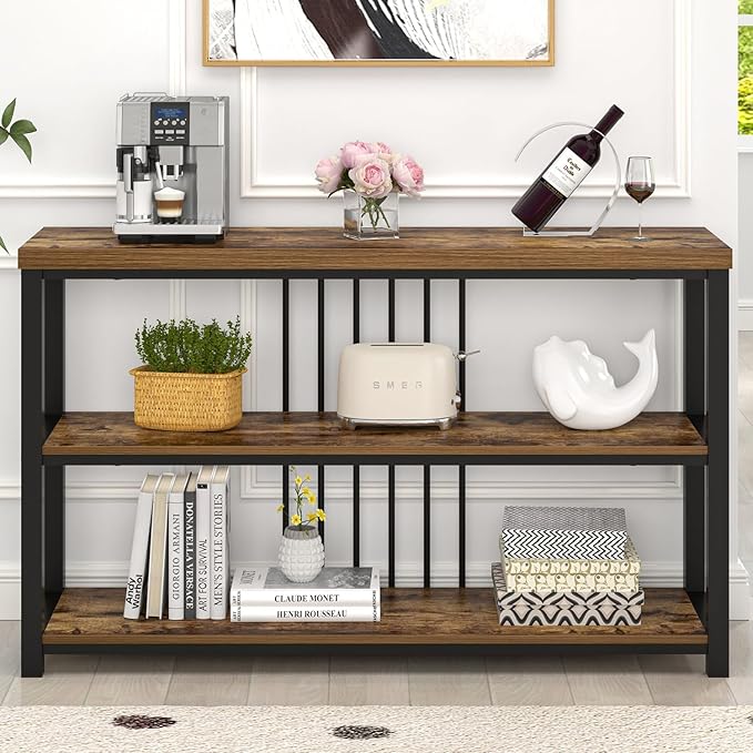 FOLUBAN Industrial Console Table, 3 Tier Entryway Table, Sofa Foyer Table for Living Room Hallway Behind Couch, Rustic Brown-Ruum Studio Home