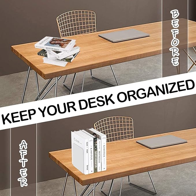 VONDERSO Metal Bookends, 4 Pairs White Metal Book Ends Heavy Duty for Shelves Decor Home Office, Unique White Bookends Supports Anti-Slip for Kids-Ruum Studio Home