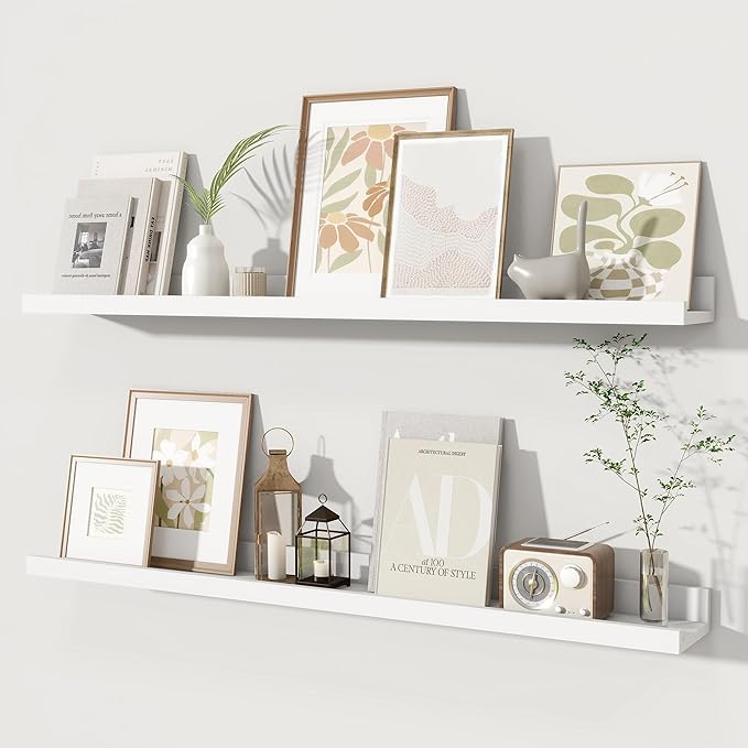 Fun Memories Picture Ledge Shelves Set of 2, 36 Inch Rustic Wall Mounted Floating Shelves with Lip for Home Storage and Décor in Bathroom, Kitchen, Nursery, Bedroom, Living Room, White-Ruum Studio Home