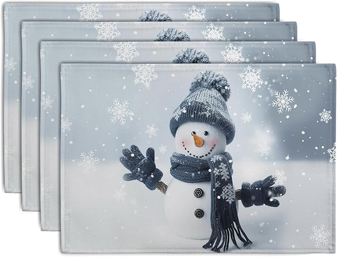 Snowman Placemats Set of 4, 12x18 Inch Winter Cute Blue Snowman Snowflake Table Mats Seasonal Christmas Holiday Washable Linen Fabric Place Mats for Farmhouse Party Kitchen Dining Decor-Ruum Studio Home
