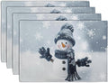 Snowman Placemats Set of 4, 12x18 Inch Winter Cute Blue Snowman Snowflake Table Mats Seasonal Christmas Holiday Washable Linen Fabric Place Mats for Farmhouse Party Kitchen Dining Decor-Ruum Studio Home