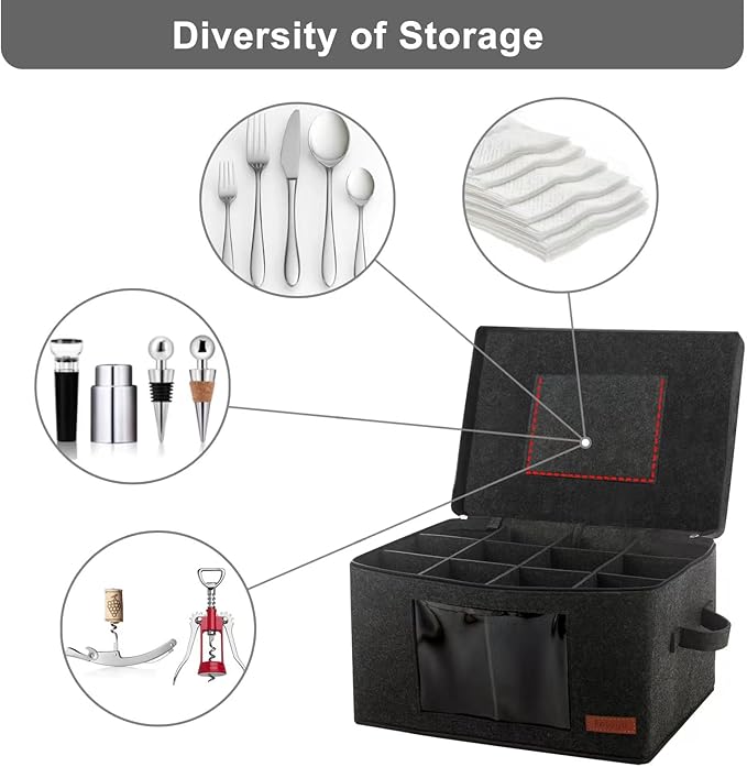 2 Pack Wine Glass Storage Box with Dividers, Stemware Storage Containers for Packing and Moving, China Storage Containers Box for 12 Crystal Glassware, Wine Glasses, Drinkware,Dark Gray-Ruum Studio Home