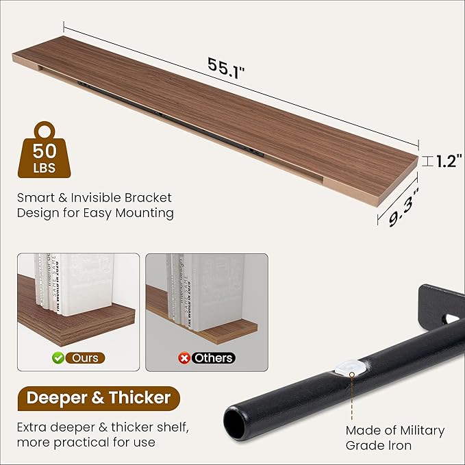 Fun Memories 55 Inch Fireplace Mantel Shelf -Long Floating Shelves, Deep Wall Mounted Farmhouse Display Shelves with Invisible Heavy Duty Metal Bracket, Walnut, 2 Pack-Ruum Studio Home