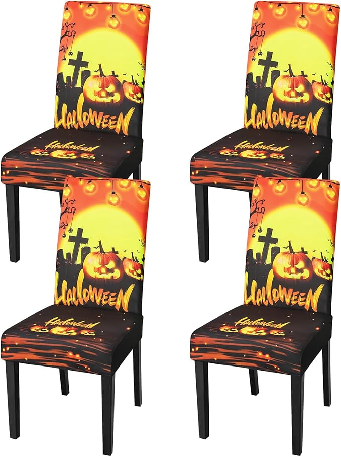 JQinHome Orange Halloween Chair Slipcover, Pumpkin Chair Covers Set of 4, High Stretch Washable Chair Protector Cover for Dining Room, Kitchen,Home Party,Wedding Ceremony(Orange,4PC)-Ruum Studio Home