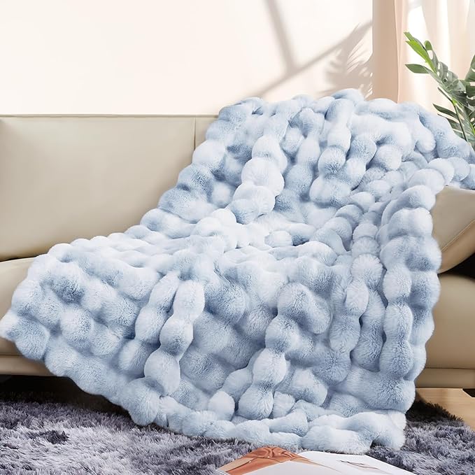Touchat Luxury 1000GSM Faux Rabbit Fur Throw Blanket, Super Heavy Warm Cozy Grey Blankets for Couch Bed Sofa, Ruched Plush Fuzzy Elegant Soft Reversible Mink Blanket for Living Room Bedroom, Blue-Ruum Studio Home