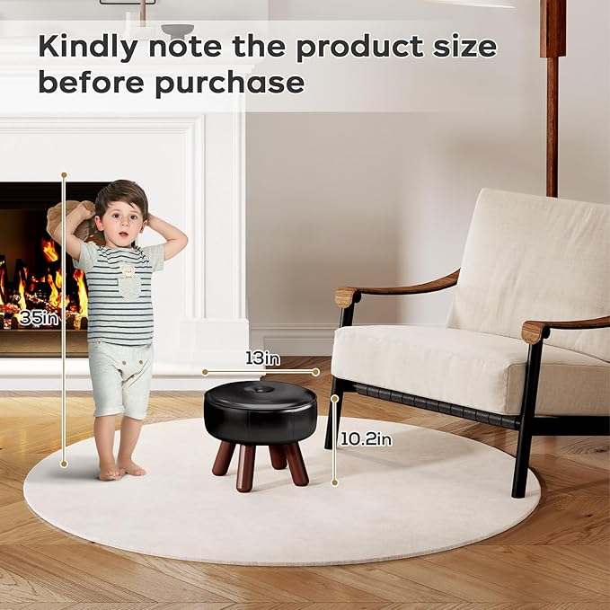 13in Small Foot Stool Ottoman, Round Faux Leather Foot Rest, Footstool Ottomans with Rubber Legs Under Desk, Footrest for Couch, Living Room, Bedroom, Office, 13''L x 13''W x 10.2''H, Black-Ruum Studio Home