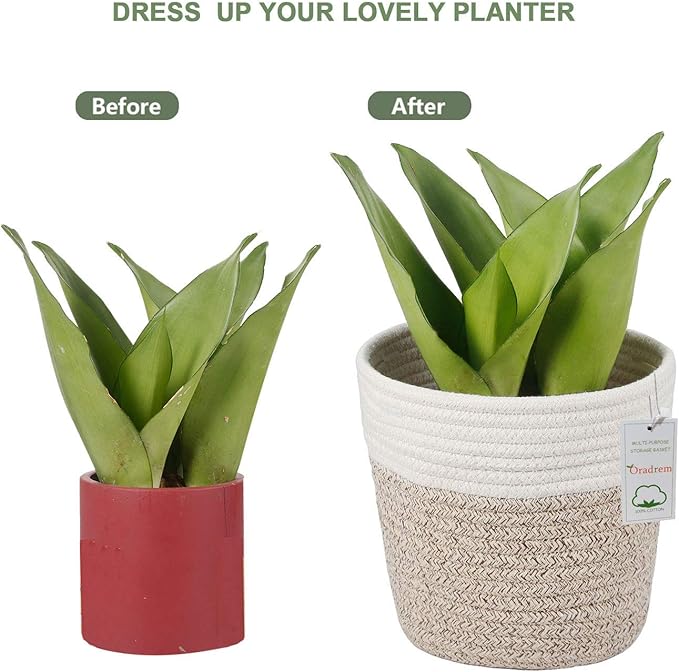 Cotton Rope Plant Basket Modern Woven Basket for 6" Flower Pot Floor Indoor Planters,Rustic Home Decor Storage Organizer H6 3/4" x W6 1/2"-Ruum Studio Home