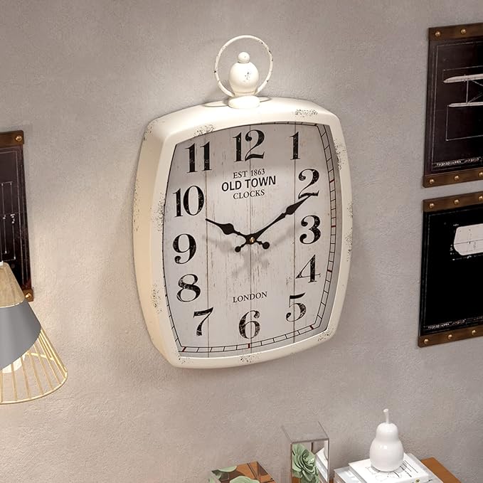 Menterry Rectangle Retro Large Wall Clock, Old-Fashioned Vintage Design, White Antique Style, Battery Operated Silent Decor Wall Clocks for Farmhouse,Kitchen,Office (15.5" H x 10.2" W)-Ruum Studio Home
