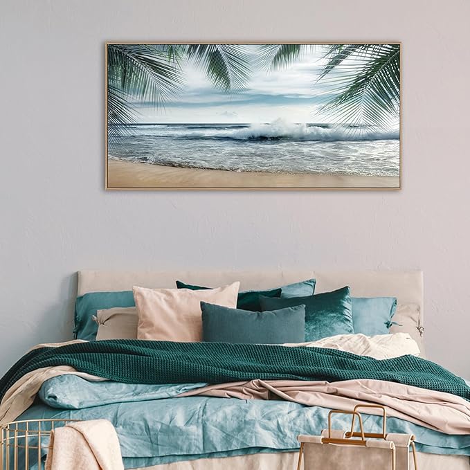 Framed Tropical Beach Wall Art - Ocean Waves Canvas Pictures Coastal Blue Sky and Sea Print Seaside Palm Tree Leaves Scene Painting Artwork Living Room Bedroom Office Home Decor 24" x 48"-Ruum Studio Home