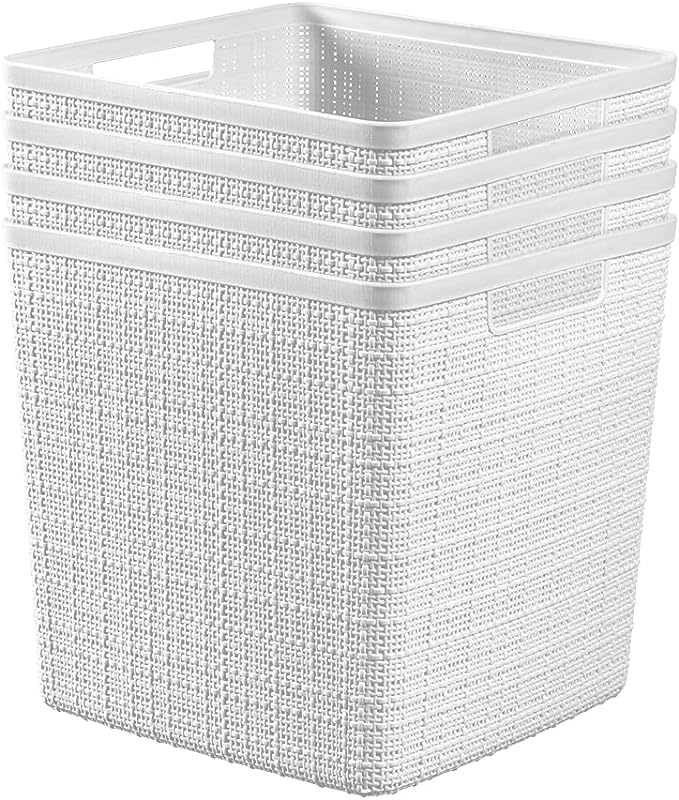 Curver Jute Decorative Plastic Organization and Storage Basket Perfect Bins for Home Office, Closet Shelves, Kitchen Pantry and All Bedroom Essentials, White, Large Cube, Set of 4-Ruum Studio Home