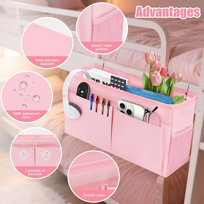 Bedside Caddy Organizer with Fixed Straps, Bunk Bed Caddy ideal for Home, Bunk Bed, Dorm, Hospital, Crib, Versatile Bedside Storage Solution (Pink)-Ruum Studio Home