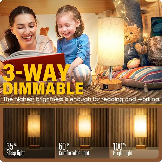 Yarra-Decor Bedside Lamp with USB A+C Port - Touch Control Table Lamp for Bedroom Wood 3 Way Dimmable Nightstand Lamp with Round Flaxen Fabric Shade for Home Office (LED Bulb Included)-Ruum Studio Home