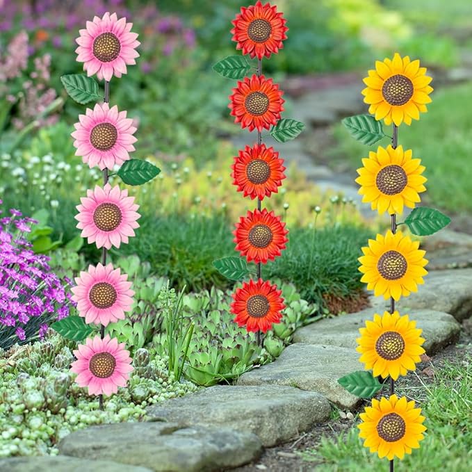 3 Pack Sunflowers Garden Stakes Decor,Metal Yard Art Decorative Garden Stakes,Metal Flowers Spring Garden Decor for Outside,Landscape,Patio(22.6 * 4.7IN)-Ruum Studio Home