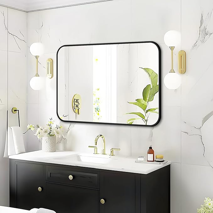Fabuday Black Wall Mirror for Bathroom Over Sink - 22x30 Matte Metal Framed Rectangle Mirror, Rounded Rectangular Vanity Mirrors for Living Room, Bedroom, Entryway, Hallway, Horizontally/Vertically-Ruum Studio Home
