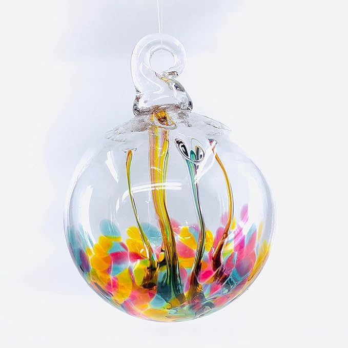 Luke Adams Glass | 3" Mini Glass Tree of Life | Handmade Ornament | Hanging Garden Gazing Ball | Indoor Outdoor Home Décor | (Pink Amber Teal)-Ruum Studio Home