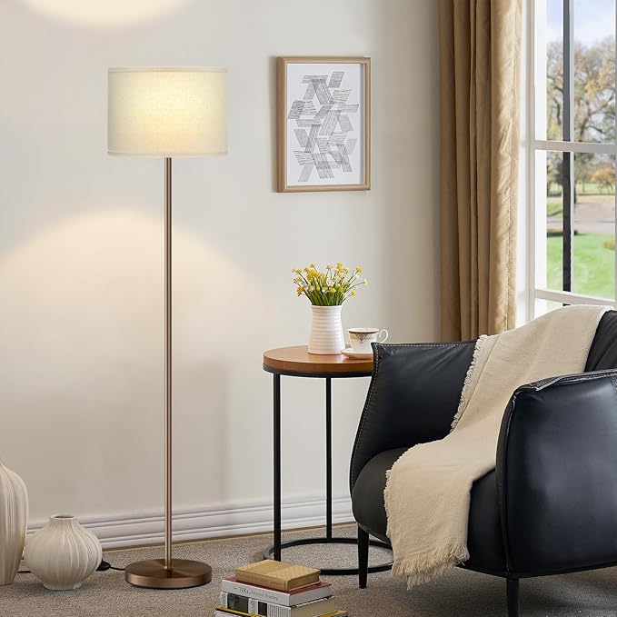 Ambimall 60'' Modern Floor Lamp with Shade, Tall Lamps for Living Room, Bedroom, Office, Dining Room, Beige Shade with Brown Pole(Without Bulb)-Ruum Studio Home
