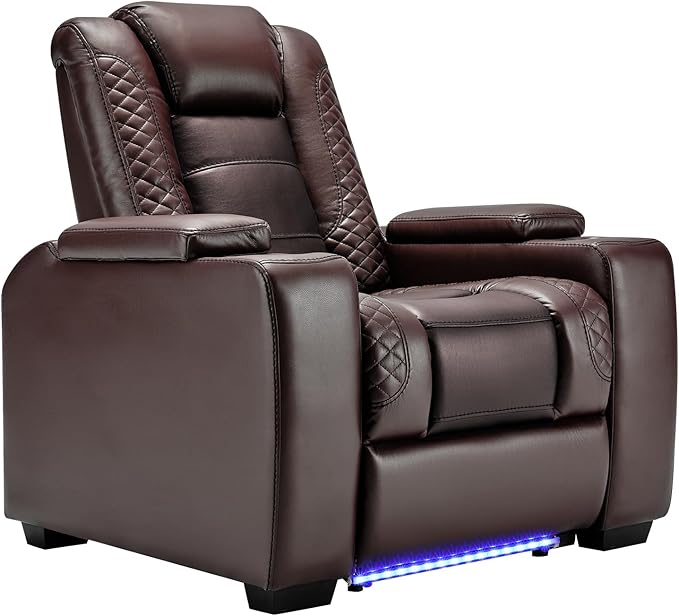 ANJ Power Home Theater Seating, PU Leather Electric Recliner Chair with Powered Headrest, Dual Motors Movie Reclining Chairs with LED Lights,USB Port, Cup Holders, Hidden Arm Storage (Brown)-Ruum Studio Home