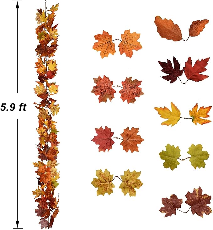Lvydec 2 Pack Fall Maple Garland - 5.9ft/Strand Artificial Fall Foliage Garlands Assorted Color Leaves Autumn Decor for Home Wedding Halloween Thanksgiving Party-Ruum Studio Home