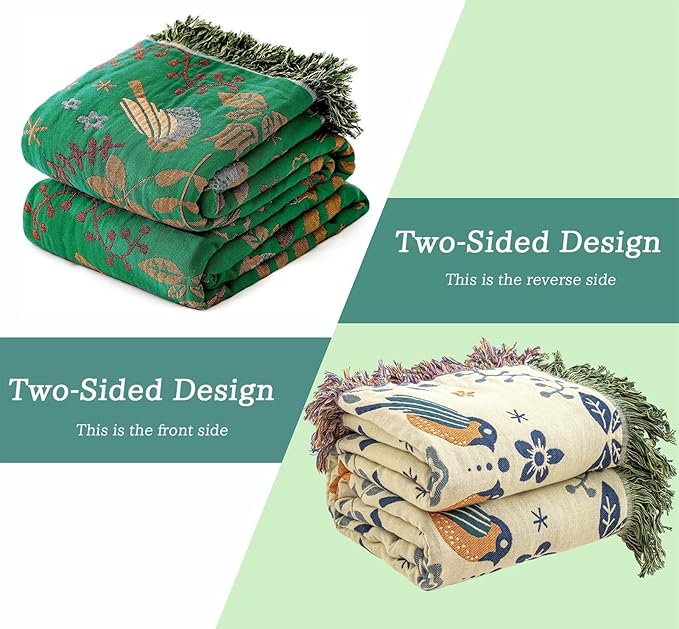 MSGKV Boho Throw Blanket 100% Cotton Green Blanket 90''x 98'' Double Sided Knit Blankets with Tassels Reversible Warm Soft Blanket Throw Blankets for Bed Sofa Living Room-Ruum Studio Home