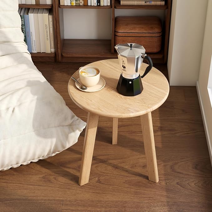 100% Solid Oak Round Side Table, Small Bedside Table for Small Spaces, Living Room End Table with Stable Frame for Bedroom Couch, (Natural, 17.71" D x 19.68" H)-Ruum Studio Home