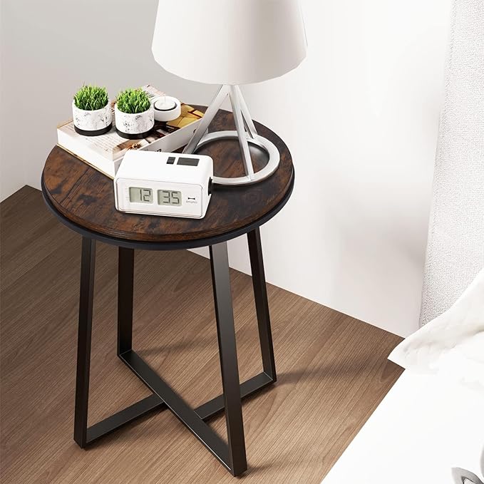 Side Table, Round End Table Vintage Brown Color MDF Top, Modern Coffee End Table for Living Room, Bedroom, Nightstand with Black Steel Frame for Small Spaces-Ruum Studio Home