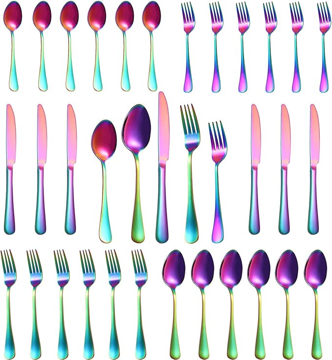30 Pcs Rainbow Silverware Set for 6, Food Grade Stainless Steel Flatware Set, Eating Utensils Sets Include Fork/Knife/Spoon,Home Kitchen Tableware Set, Reusable Cutlery Set, Dishwasher Safe-Ruum Studio Home