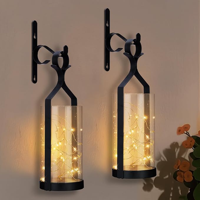 Metal Wall Sconce 35 Led Lantern Set of 2 - Black Wall Mounted Hanging Holder with Glass & Candles Vintage Wall Decor for Porch, Living Room, Dining Room, Bedroom Indoor Decor-Ruum Studio Home