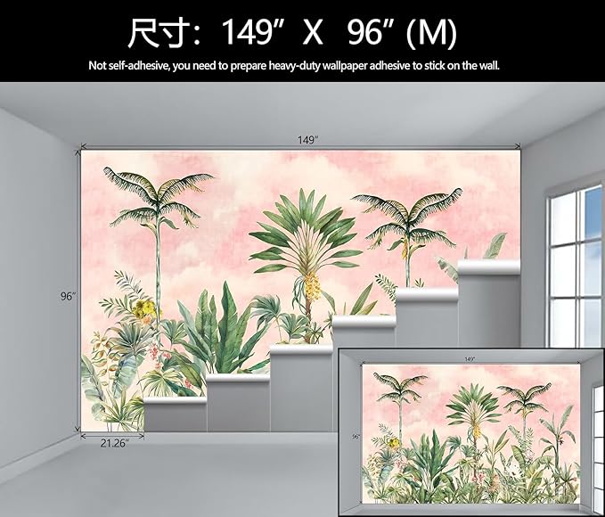 Watercolor Pink Tropical Botanical Leaf Wallpaper Mural for Nursery Girls Bedroom (Not Peel and Stick)-Ruum Studio Home