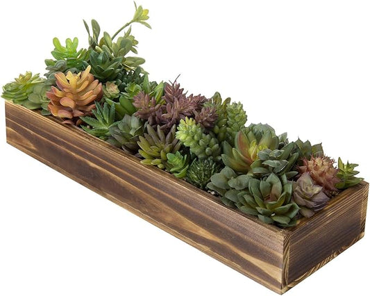 MyGift Artificial Succulent Centerpiece, 15.75 Inch Faux Succulents Arrangement Plants in Rustic Burnt Wood Rectangular Planter Box-Ruum Studio Home