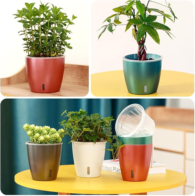 Self Watering Pots for Indoor Plants, 12-Pack 5'' Self Watering Planter with Drainage Holes, Small African Violet Pots with Water Indicator, Clear Wick Pot, White/Black/Blue/Rose Gold-Ruum Studio Home